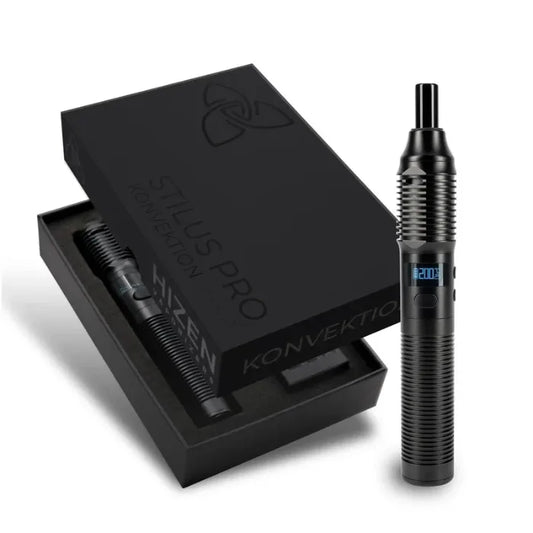 Hizen Stilus Pro Konvektion Kräuterverdampfer in schwarzer Geschenkbox, daneben das Gerät mit OLED-Display