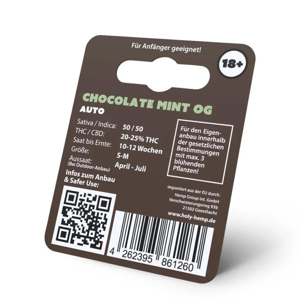 Chocolate Mint OG Automatic Hanfsamen Verpackung Rückseite - technische Daten, 50/50 Sativa/Indica, 20-25% THC