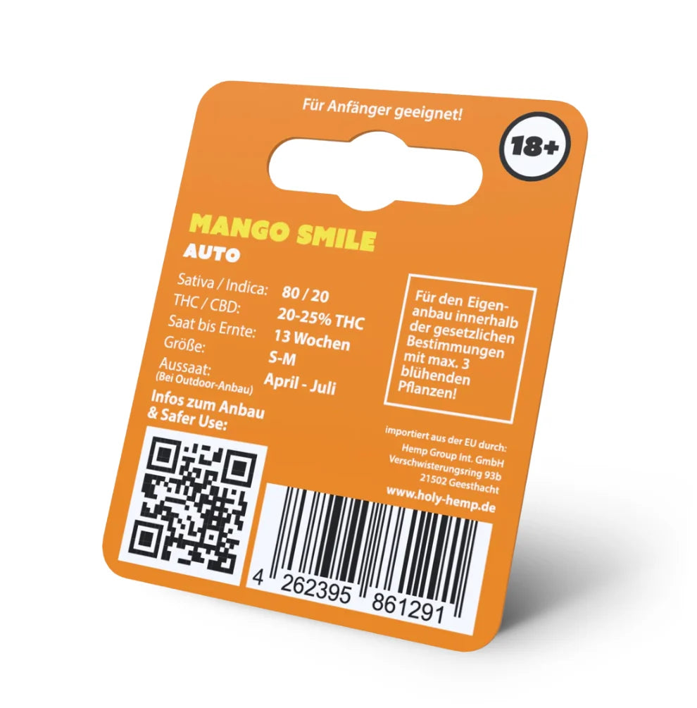 Holy Hemp Mango Smile Auto Cannabis Samen Rückseite – 80/20 Sativa Indica, 13 Wochen Blütezeit, für Anfänger geeignet, 18+