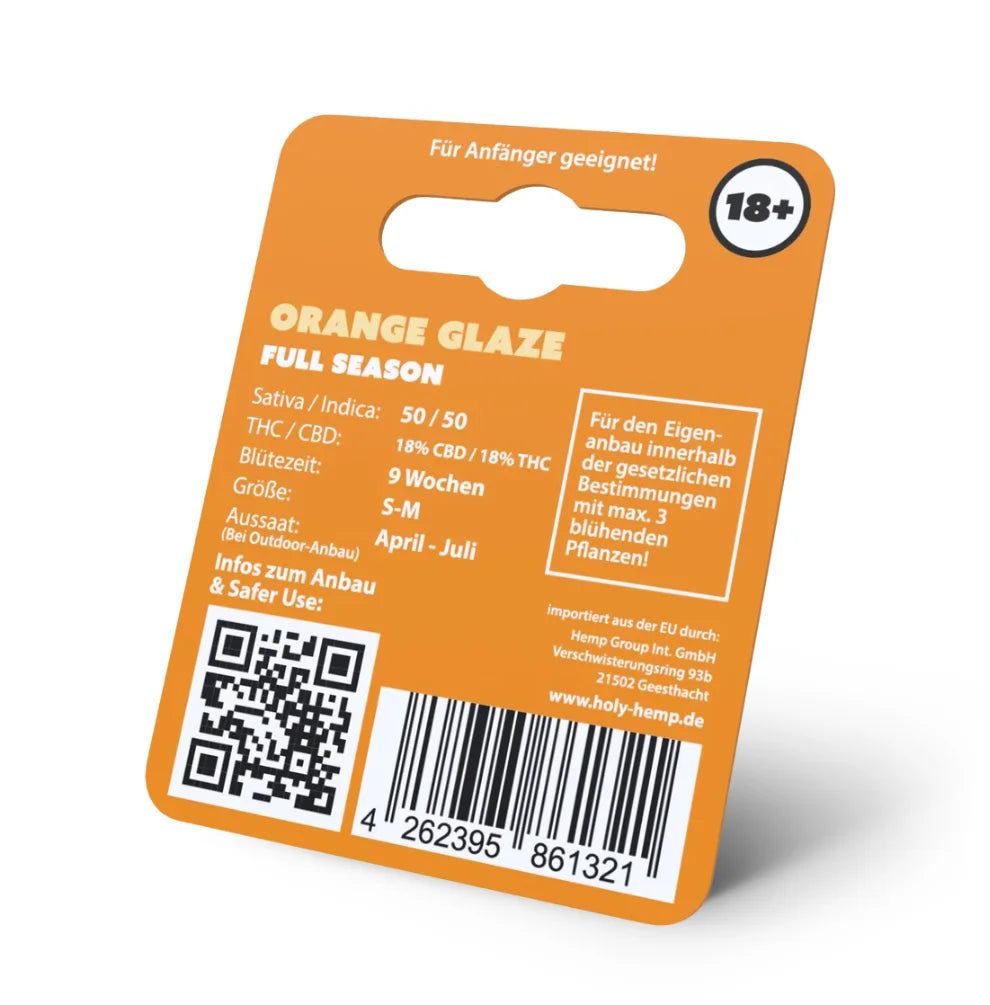 Holy Hemp Orange Glaze Full Season Rückseite – 50/50 Hybride, 18% CBD / 18% THC, 9 Wochen Blütezeit, für Anfänger geeignet