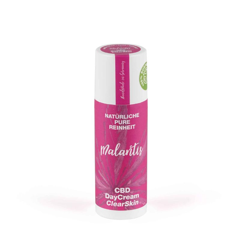 Malantis CBD DayCream ClearSkin in einer stylischen Verpackung mit pinken Farbdesigns 50 ml