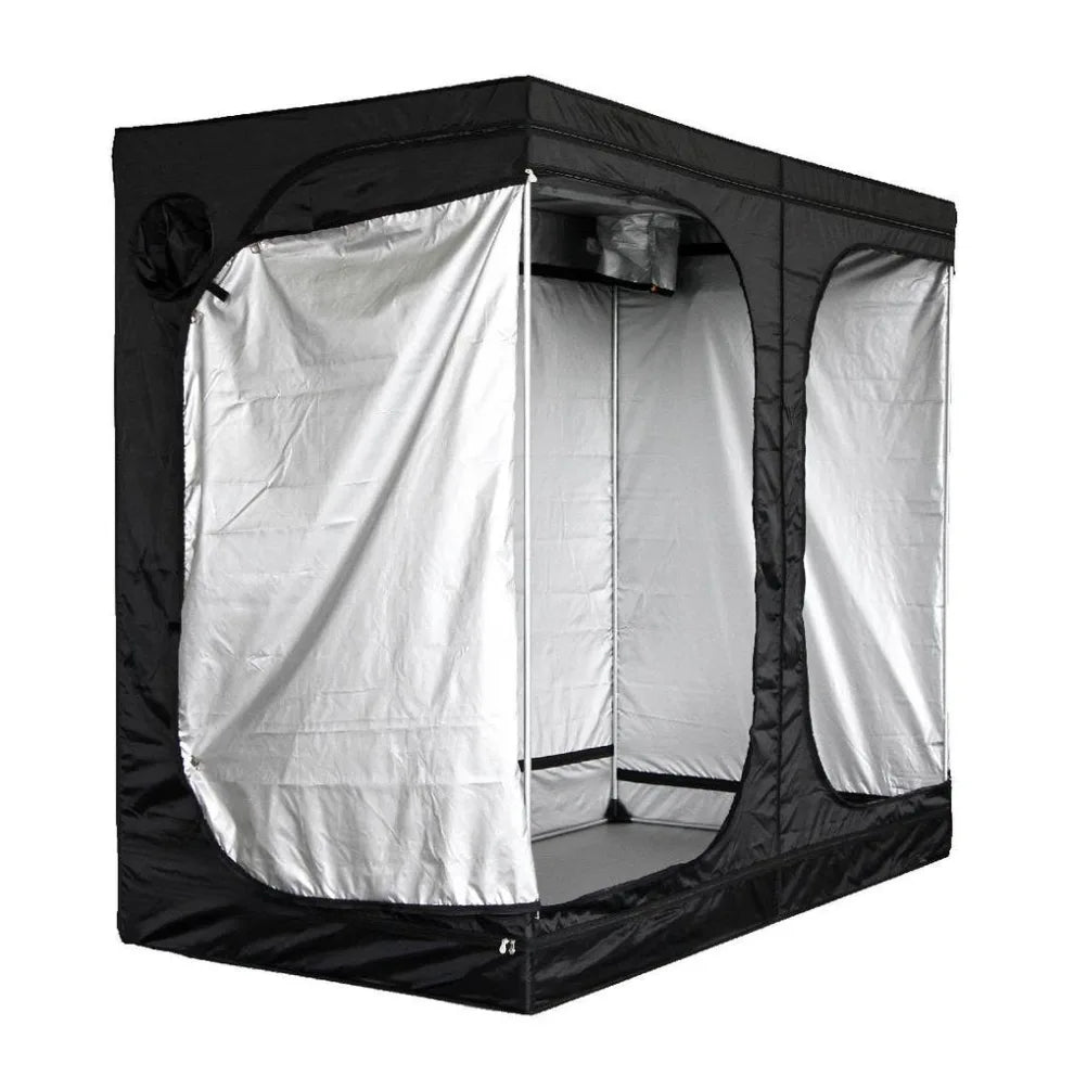 Mammoth Lite+ 240L Growzelt 240x120x200 cm geöffnet – Blick in den Innenraum mit 170D silbernem Reflexionsmaterial, Stahlgestänge und Belüftungsöffnung oben, KANNOBA