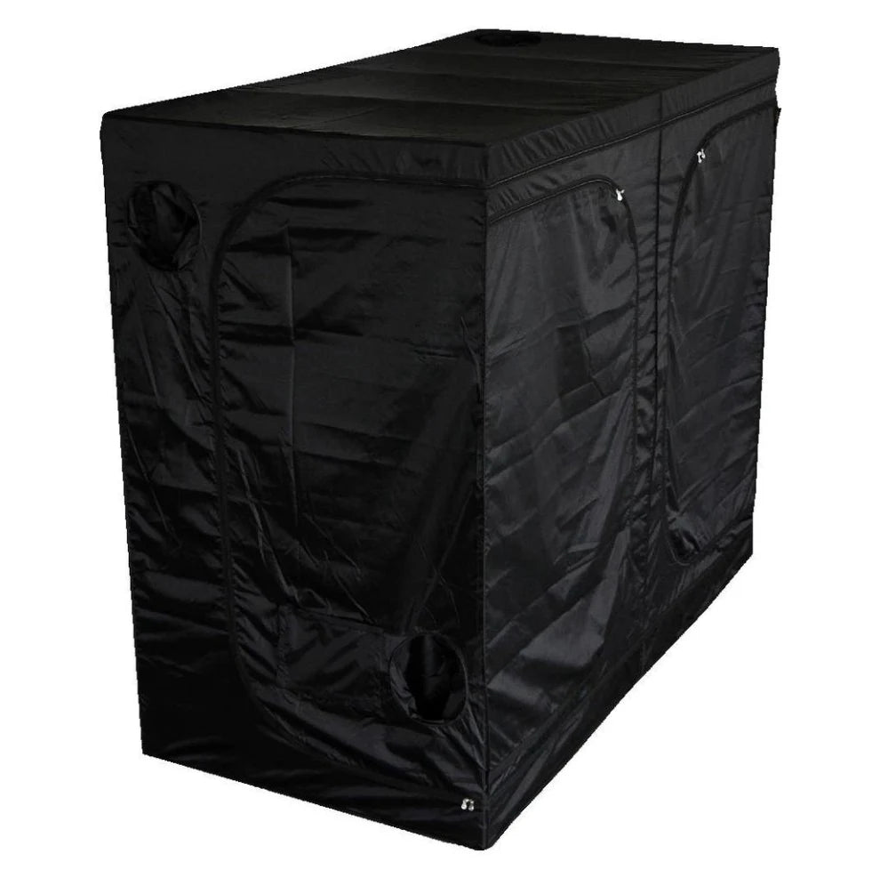 Mammoth Lite+ 240L Growzelt 240x120x200 cm geschlossen – Frontansicht schräg rechts, schwarzes lichtdichtes Außenmaterial mit Reißverschluss-Zugang, KANNOBA