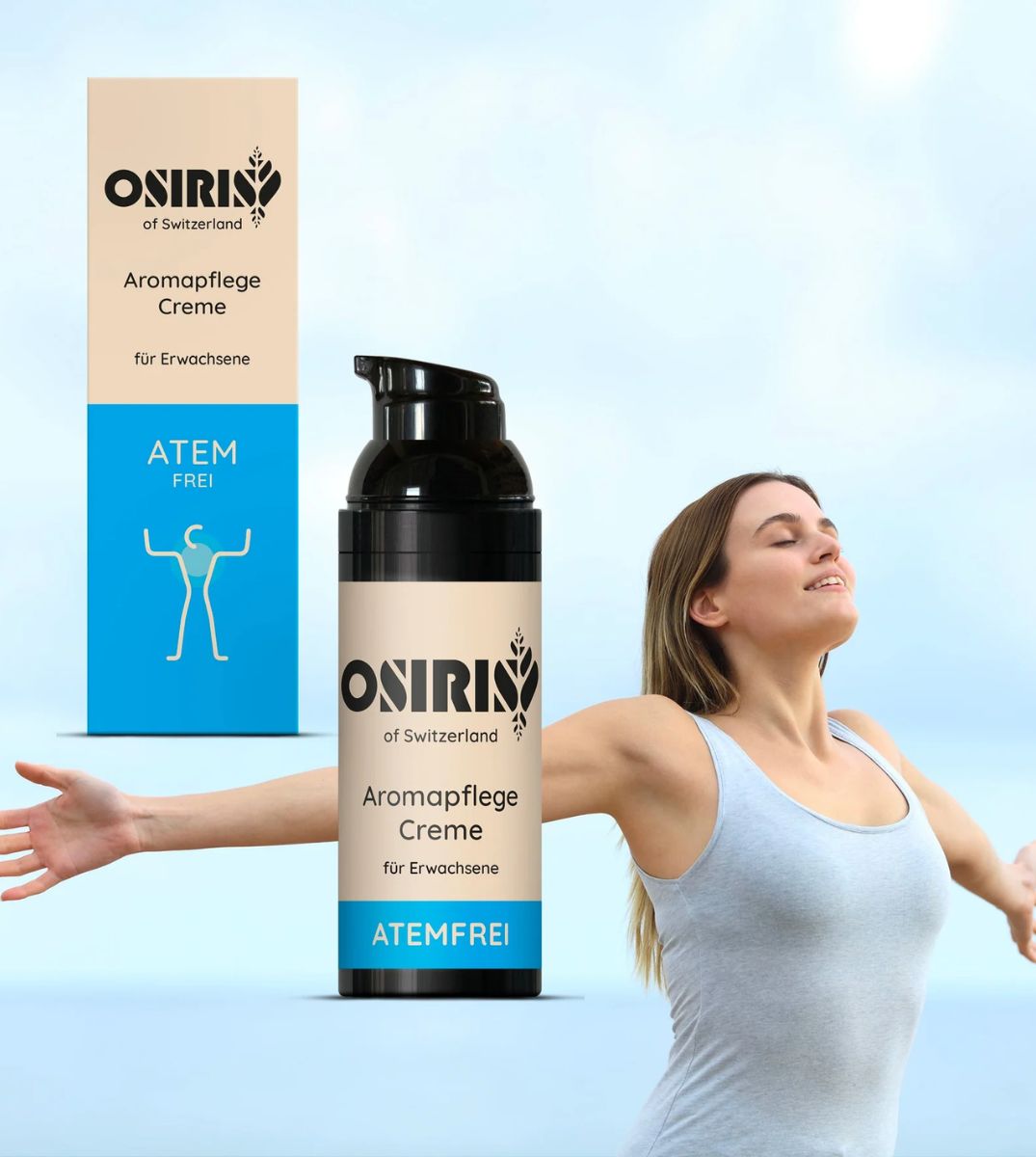 Frau genießt das freie Atmen mit OSIRIS Atemfrei Aromapflege Creme