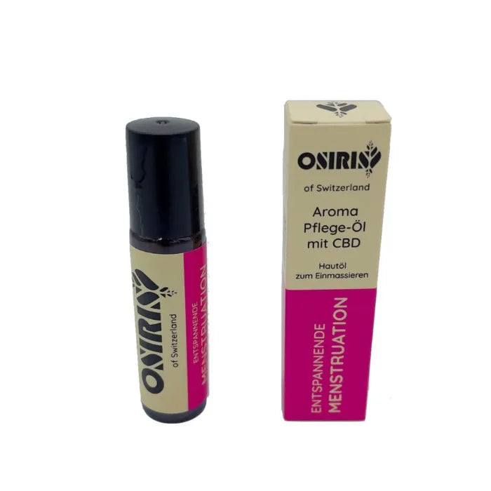 Osiris of Switzerland Menstruation CBD Aromapflege Öl, 10-ml-Roll-on mit schwarzer Kappe neben der beigen Faltschachtel