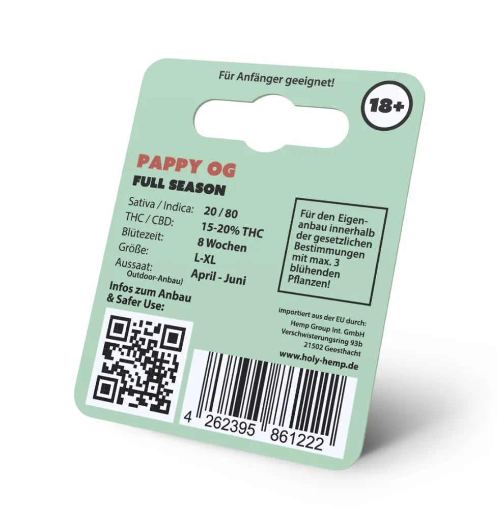 Pappy OG Hanfsamen Verpackung - Holy Hemp rückseite mit Anbau Informationen