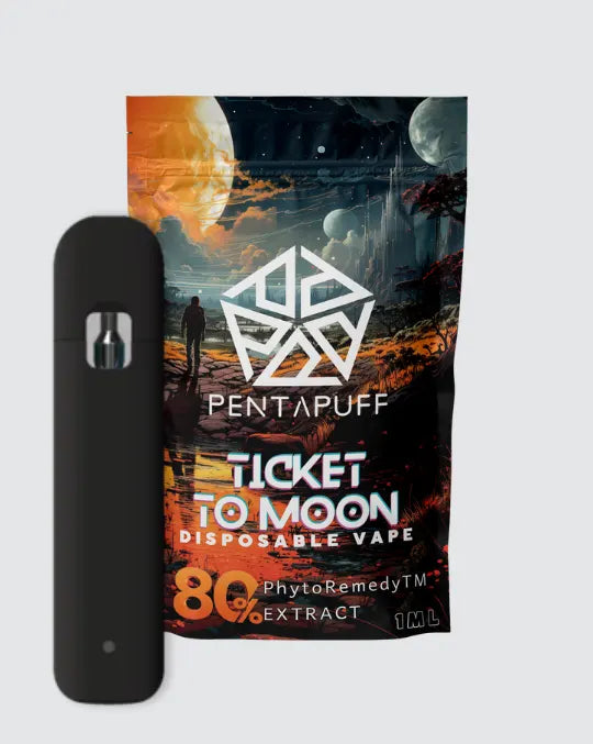 Pentapuff Ticket to Moon Disposable Vape – 1 ml Einweg-Vape mit 80 % PhytoRemedy™ Extract, futuristische Verpackung mit intensivem Hanfaroma und starker Wirkung.