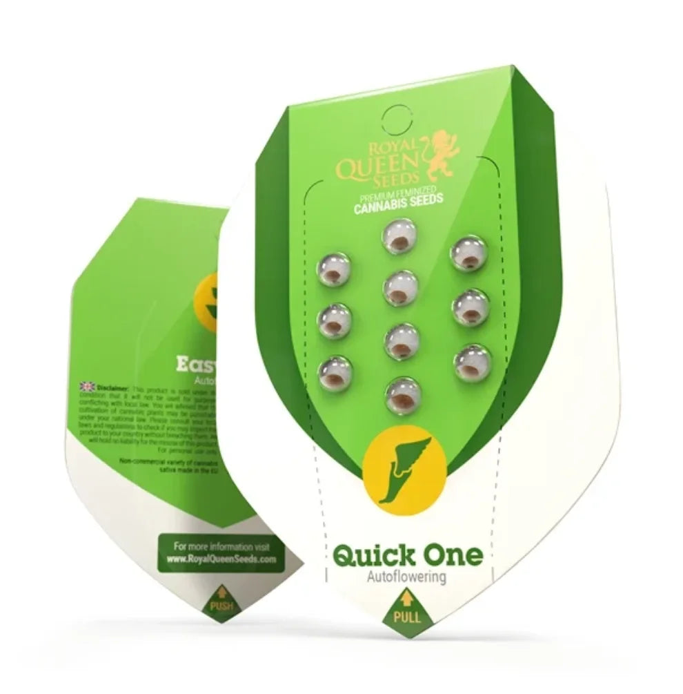 Quick One Automatic Hanfsamen Verpackung - Royal Queen Seeds, Autoflowering, grünes Schild-Design mit sichtbaren Samen