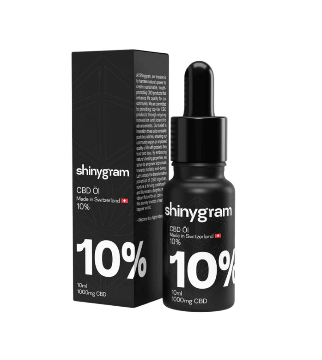 Shinygram CBD Öl 10% - 1000mg, Premiumqualität aus der Schweiz, in einem sicheren Tropffläschchen für optimale Dosierung und natürliche Wohlbefindenförderung.