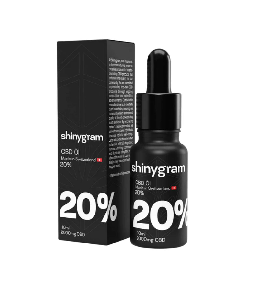 Shinygram 20% CBD Öl, 2000mg in hochkonzentrierter Formel, präsentiert in einer professionellen schwarzen Verpackung, für maximale Stärke und Effektivität, hergestellt in der Schweiz.