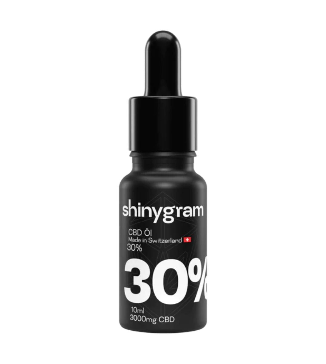 Flasche von Shinygram CBD Öl mit 30% Konzentration, 10ml Flasche mit 3000mg CBD, vor einem neutralen Hintergrund für eine klare Produktansicht.