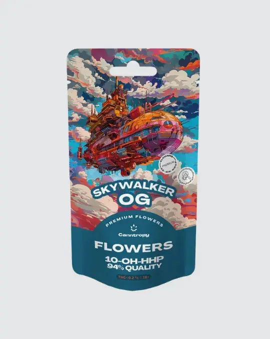 Skywalker OG Premium Flowers von Canntropy – bunte Verpackung mit 10-OH-HHCP Hanfblüten, 94 % Qualität
