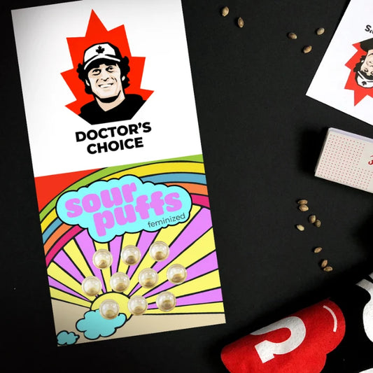 Sour Puffs feminisierte Samen auf Samenkarte von Doctor's Choice mit zehn Samen in Kapseln