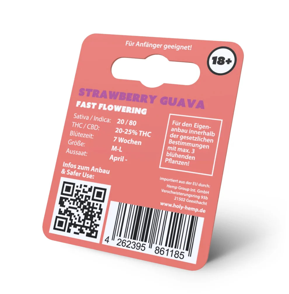 Strawberry Guava Hanfsamen Verpackung Rückseite - technische Daten, 20/80 Sativa/Indica, 20-25% THC, 7 Wochen Blüte