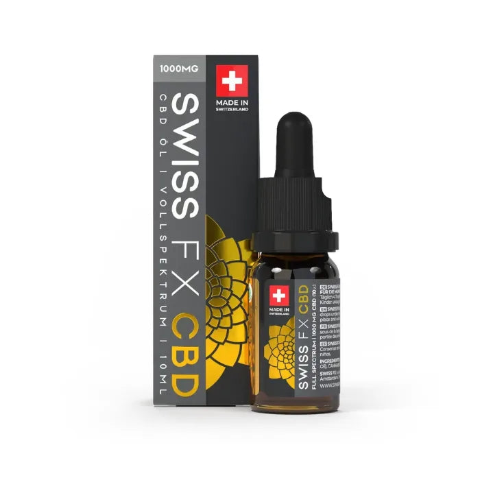 Swiss FX CBD Pure Öl 10% mit 1.000 mg CBD, THC-frei: 10-ml-Braunglasflasche mit Pipette neben der Faltschachtel Made in Switzerland