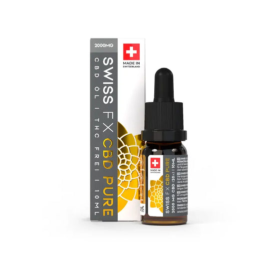Swiss FX CBD Pure Öl 20% mit 2.000 mg CBD, THC-frei: 10-ml-Braunglasflasche mit Pipette neben der Faltschachtel Made in Switzerland