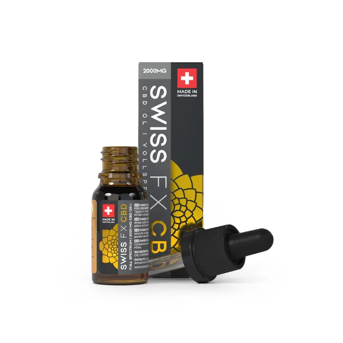 Swiss FX Vollspektrum CBD Öl 20% mit 2.000 mg CBD, offene 10-ml-Flasche mit abgelegter Pipette vor der Faltschachtel