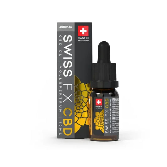 Swiss FX Vollspektrum CBD Öl 40% mit 4.000 mg CBD, 10-ml-Braunglasflasche mit Pipette vor der Faltschachtel Made in Switzerland