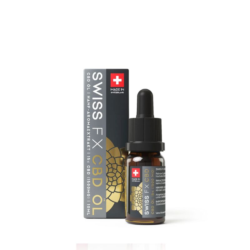 Swiss FX CBD Öl mit Hanf-Aromaextrakt in einer Tropfflasche neben der schwarzen Verpackung