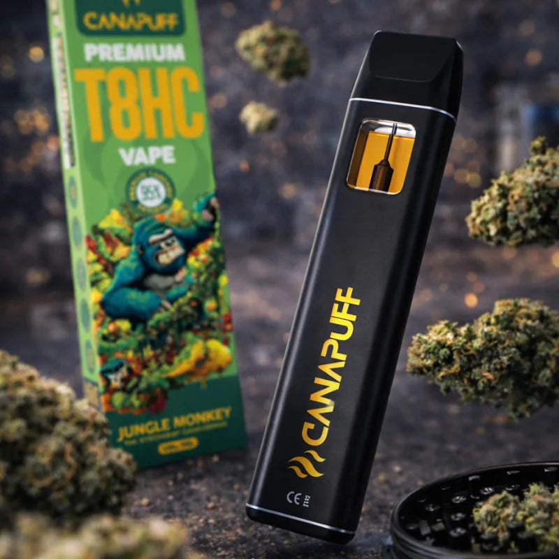 CANAPUFF T8HC Vape im Fokus mit schwebenden Cannabisblüten – moderner Vape Pen im Premium Stil