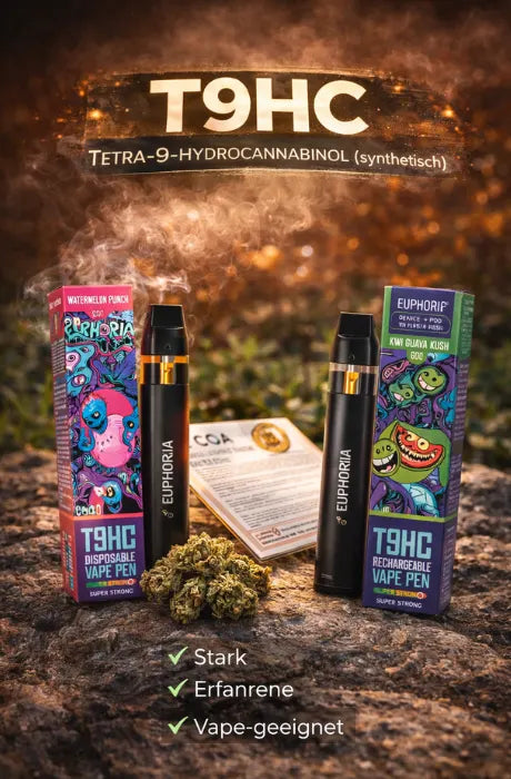 T9HC Vape Pens und Verpackungen mit COA-Zertifikat auf Stein – starkes synthetisches Cannabinoid für erfahrene Nutzer mit schneller Wirkung
