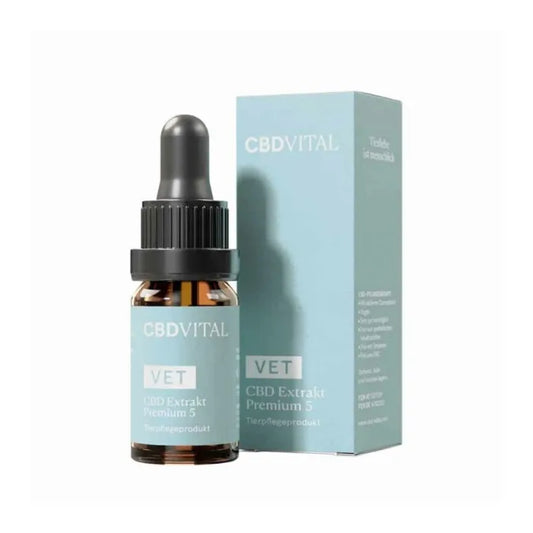 CBD Vital VET CBD 5 Extrakt, 10-ml-Flasche neben der Faltschachtel