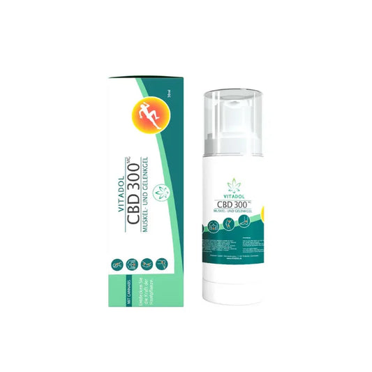 Vitadol CBD Gel mit 300 mg CBD, 30-ml-Pumpspender mit durchsichtiger Kappe neben der grün-weißen Faltschachtel