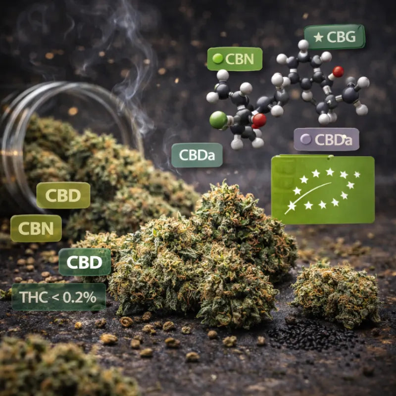 Getrocknete CBD Blüten aus Cannabis sativa L. mit sichtbaren Trichomen und Terpenen - legales Nutzhanf Produkt mit weniger als 0,2 Prozent THC